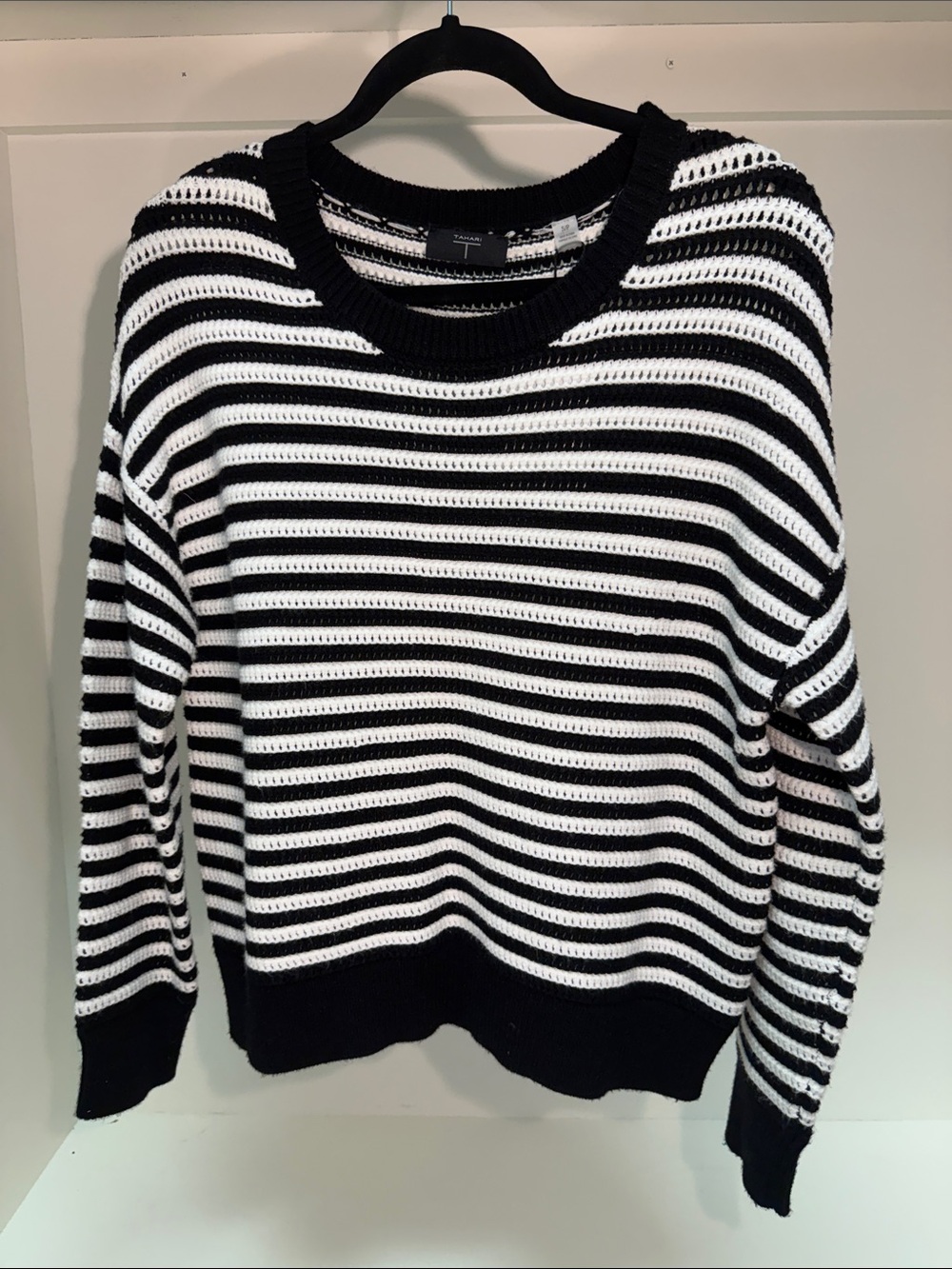 Tahari Black & White Striped Crewneck Sweater